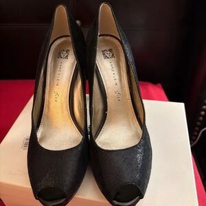 Anne Klein Black Textured Peep Toe Heels